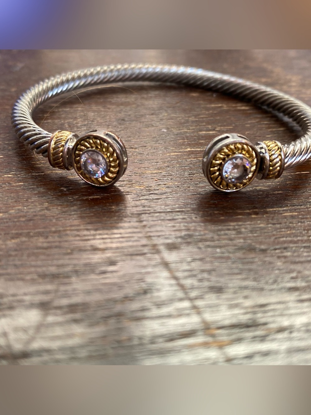 Premier Designs Two-Tone Silver and Gold Open Cuff Bracelet with Clear Crystals